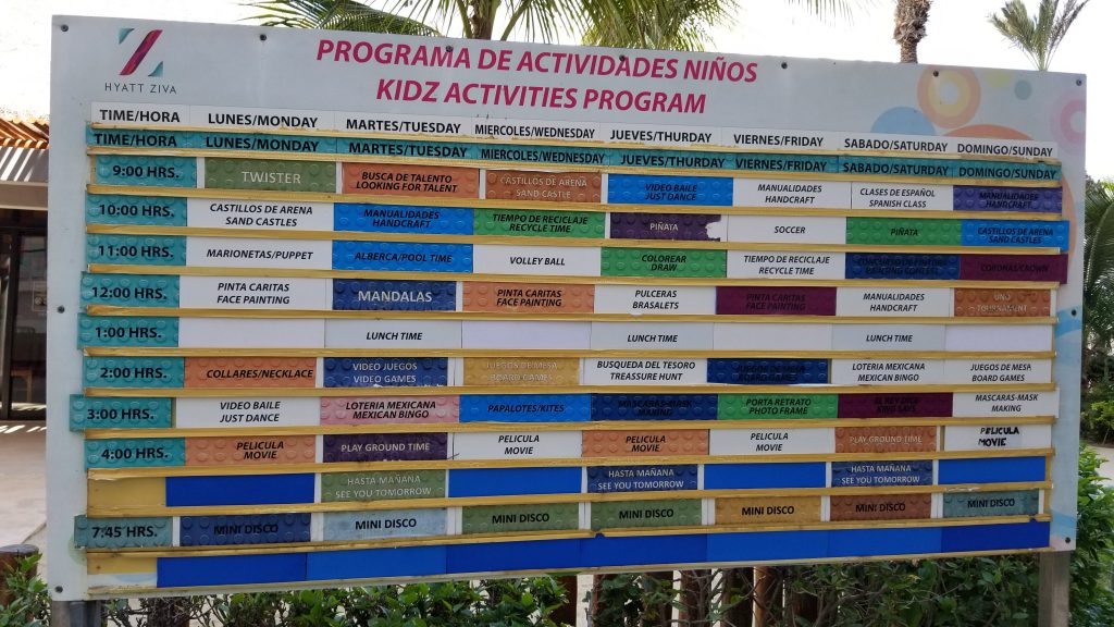 Kidz Club schedule at Hyatt Ziva Los Cabos