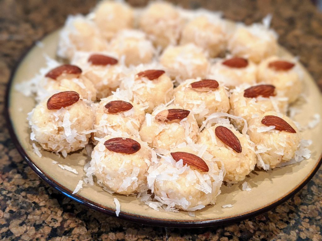 A plate of almond coconut laddoo