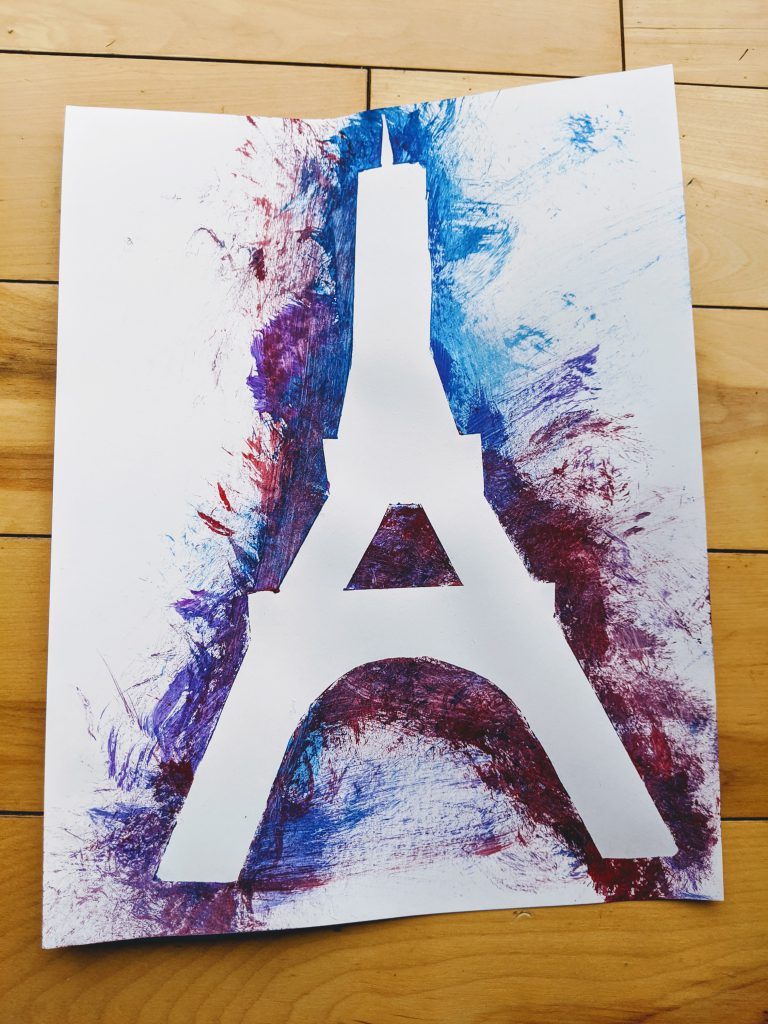 Completed Eiffel Tower tape painting craft for the France preschool unit