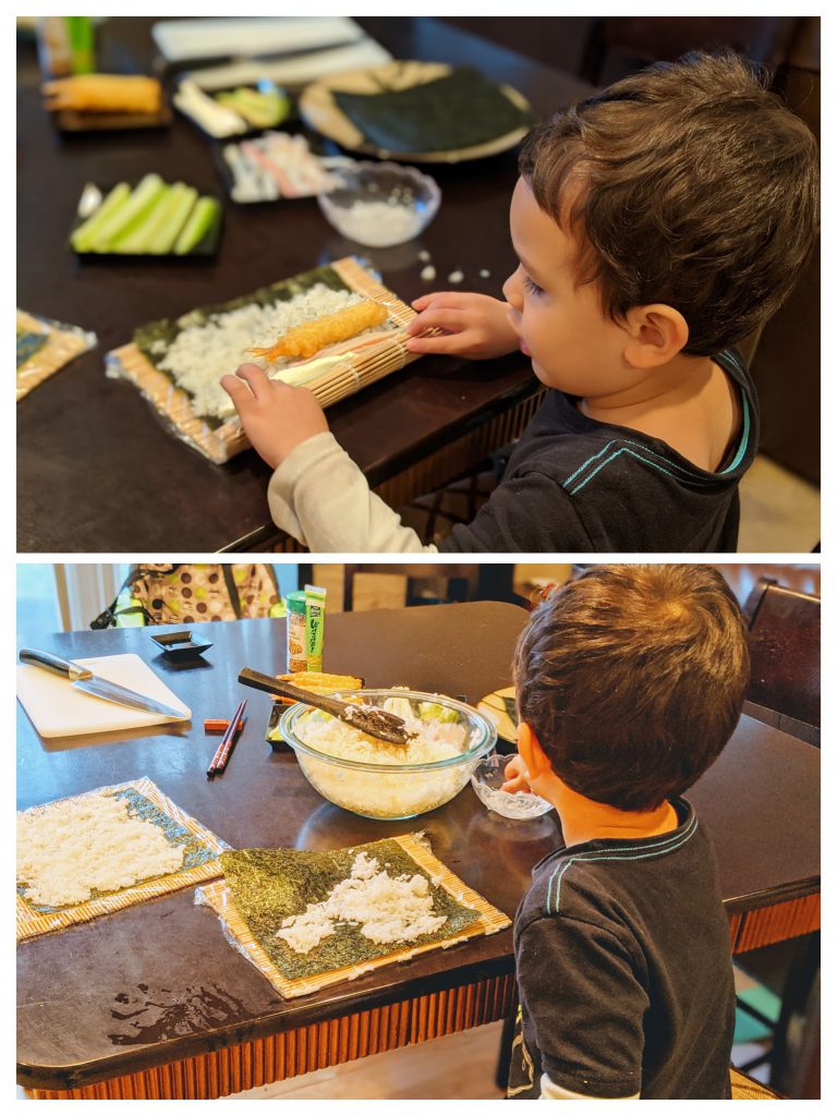 Boy making sushi for a Japan preschool unit