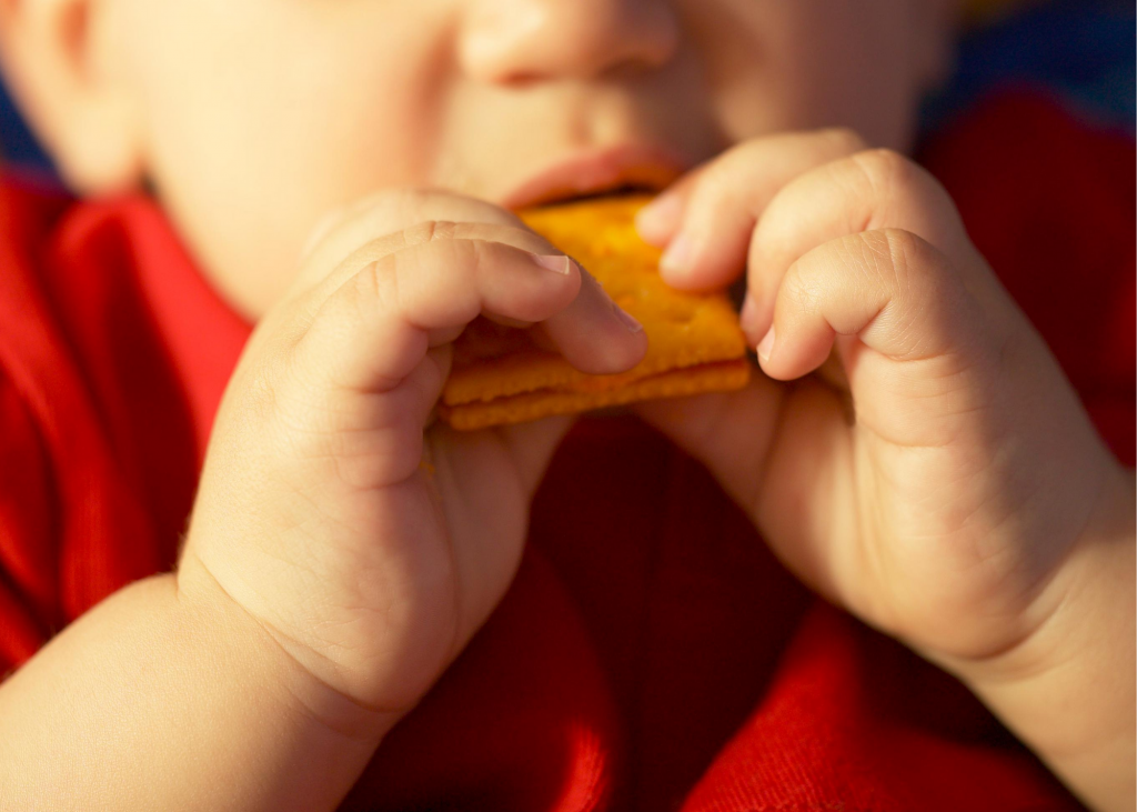 Toddler eating a cracker- airplane snacks for toddlers