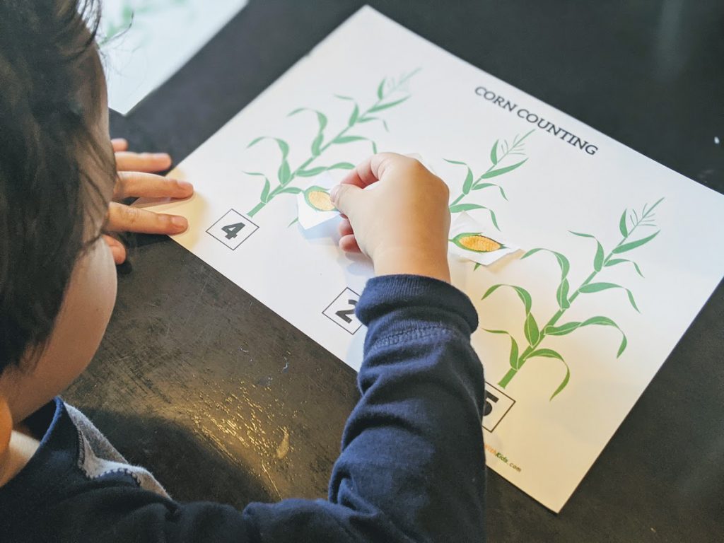 Boy completing the counting corn activity