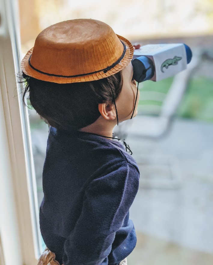 Boy wearing his completed safari hat craft