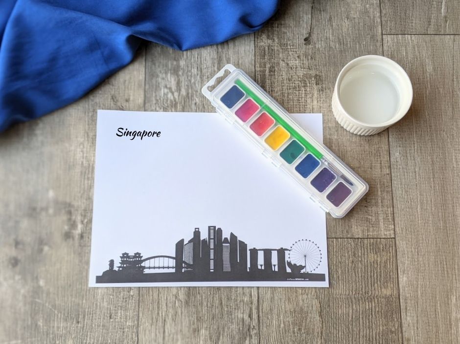 Materials for city skyline watercolor painting for preschoolers