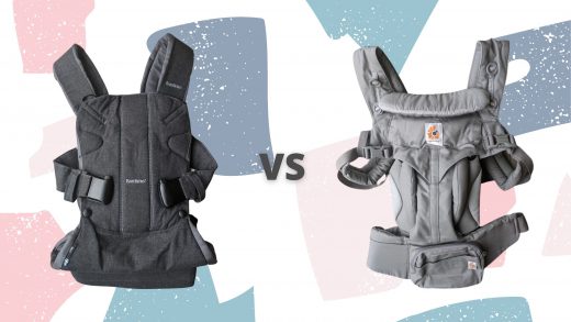 A Baby Bjorn One carrier on the left and an Ergobaby Omni 360 carrier on the right with "vs" between them