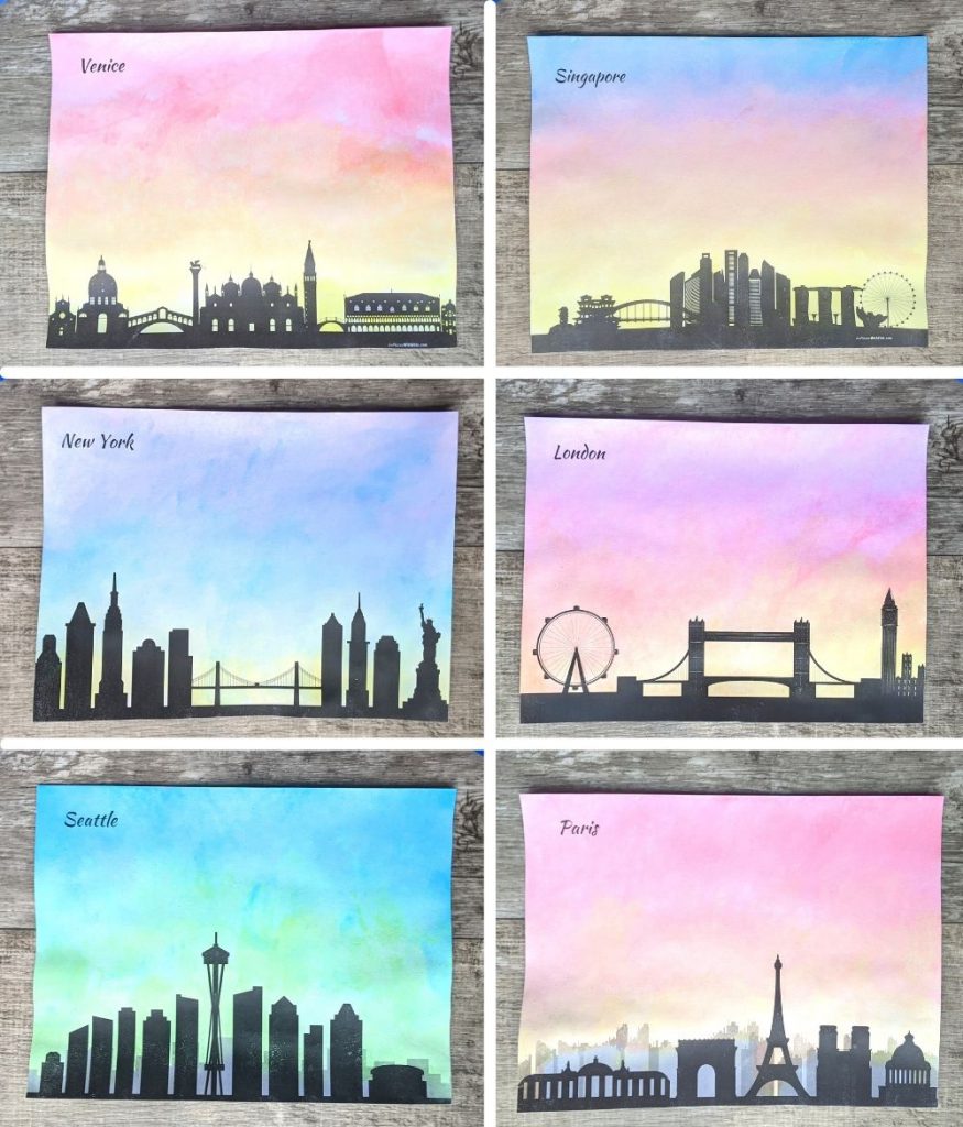 City skyline watercolor paintings