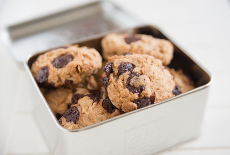 A tin of chocolate chip cookies