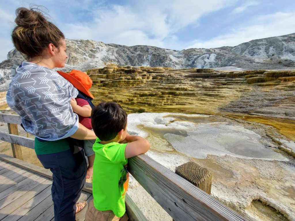 Family at Mammoth Hot Springs- Yellowstone with kids