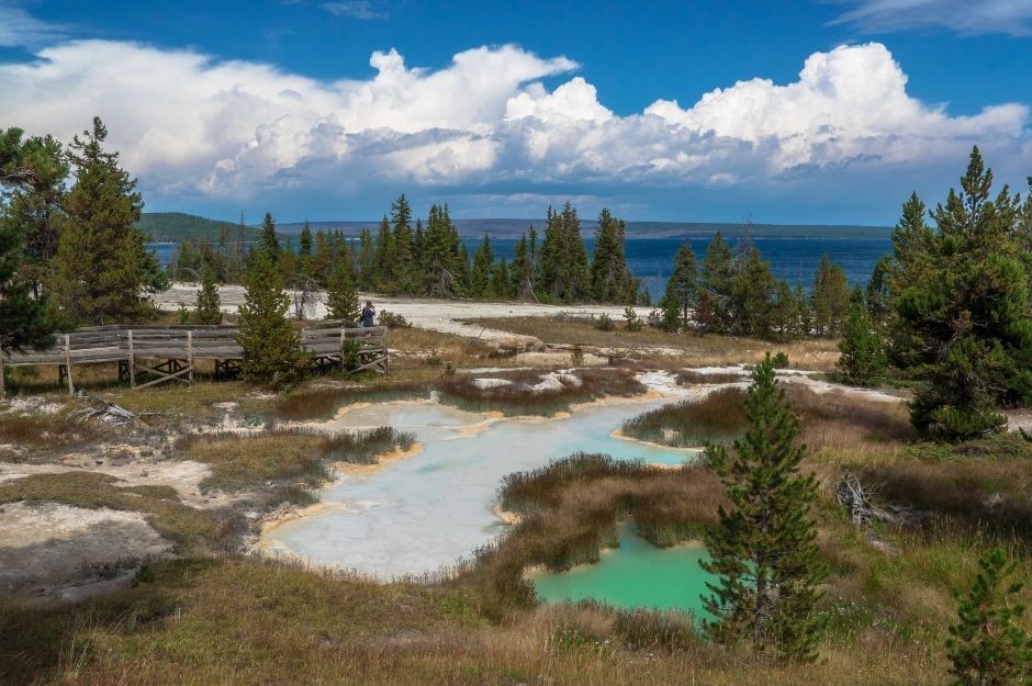 West Thumb Geyser Basin overlooking Yellowstone Lake