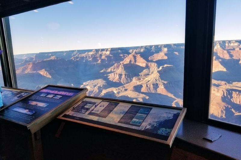 The view of the Grand Canyon from the window of the Yavapai Geology Museum
