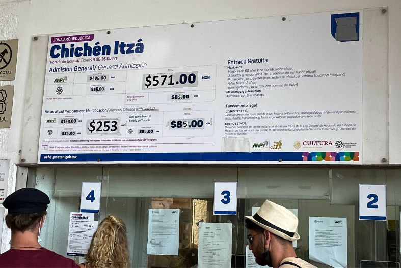 Sign giving the cost of entrance to Chichen Itza