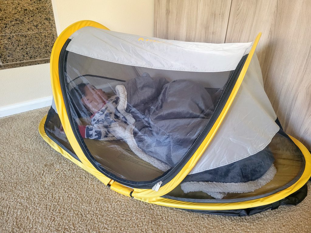 Toddler sleeping in a Kidco Peapod