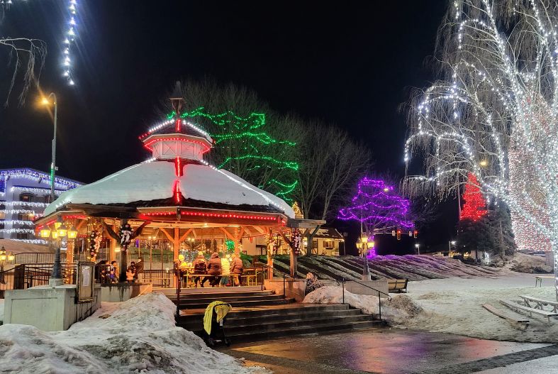 Gazebo lit with Christmas lights in Leavenworth in winter