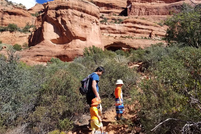 Toddler hiking with dad and brother