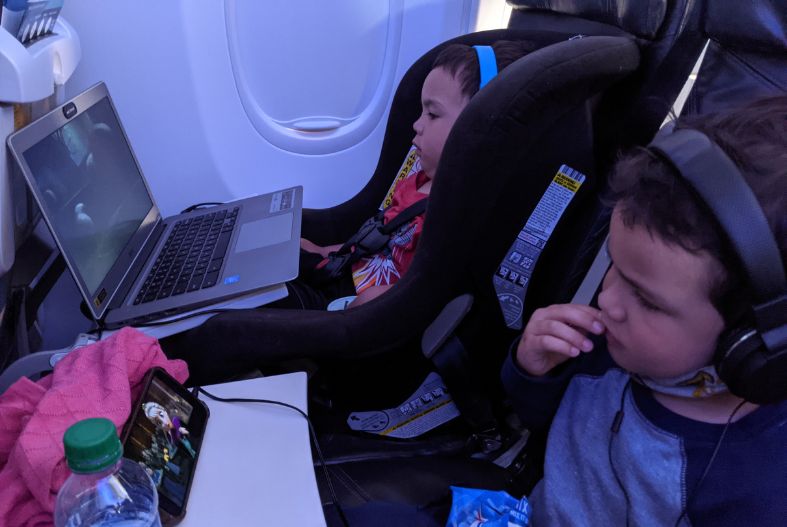 Children using headphones on the plane