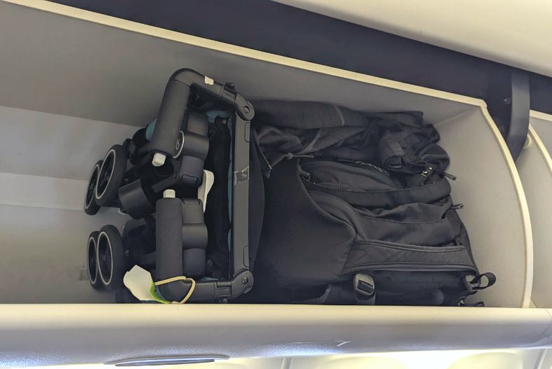 gb Pockit in overhead bin on an airplane